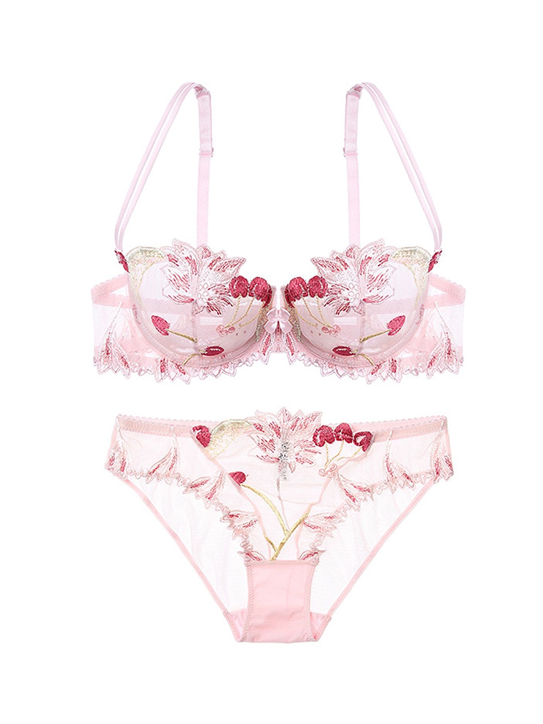 

LULU & SKY Pink Contrast Embroidery Non Padded Lingerie Set 1920-1-PINK