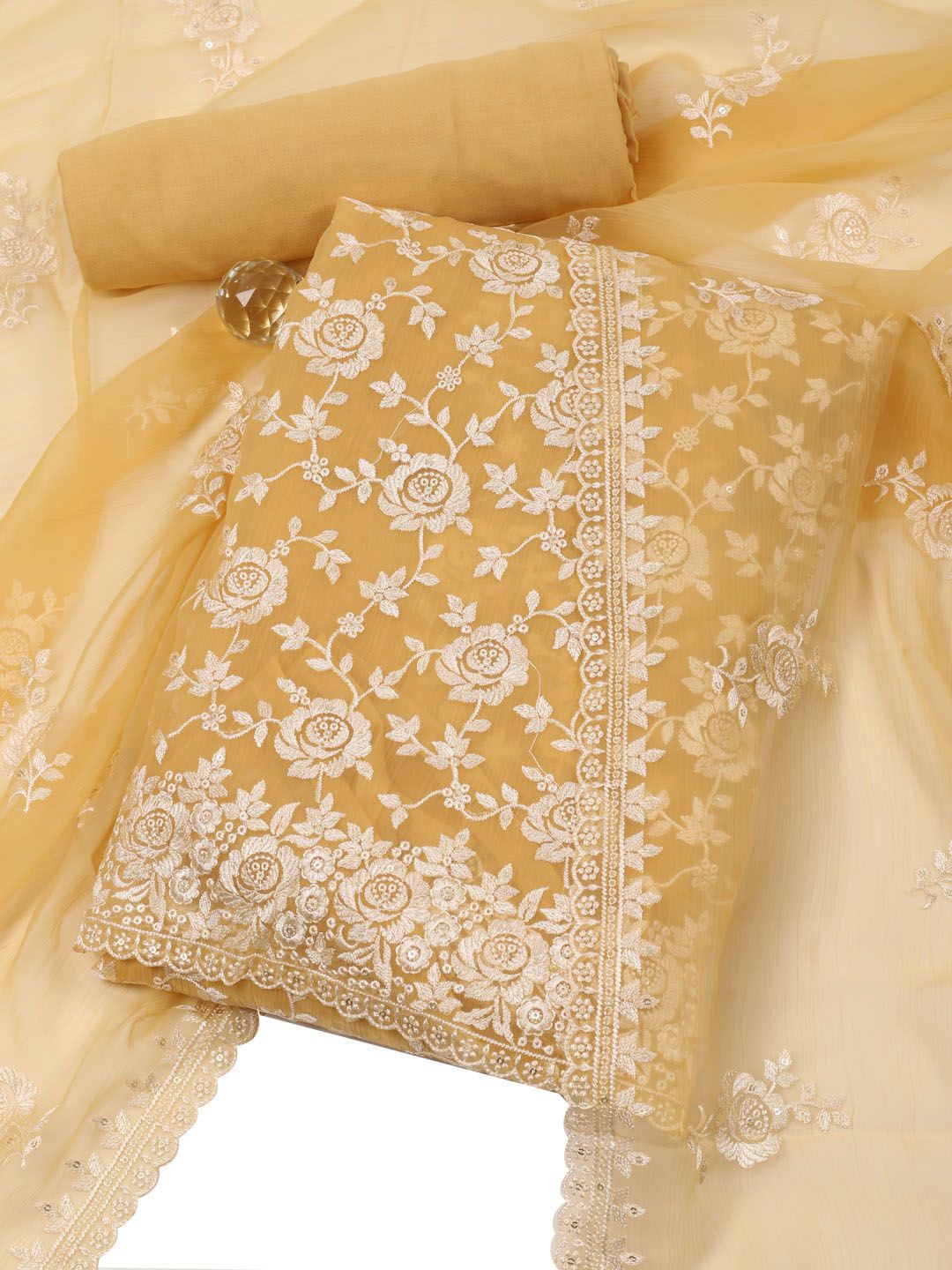 

Meena Bazaar Embroidered Organza Unstitched Dress Material, Yellow