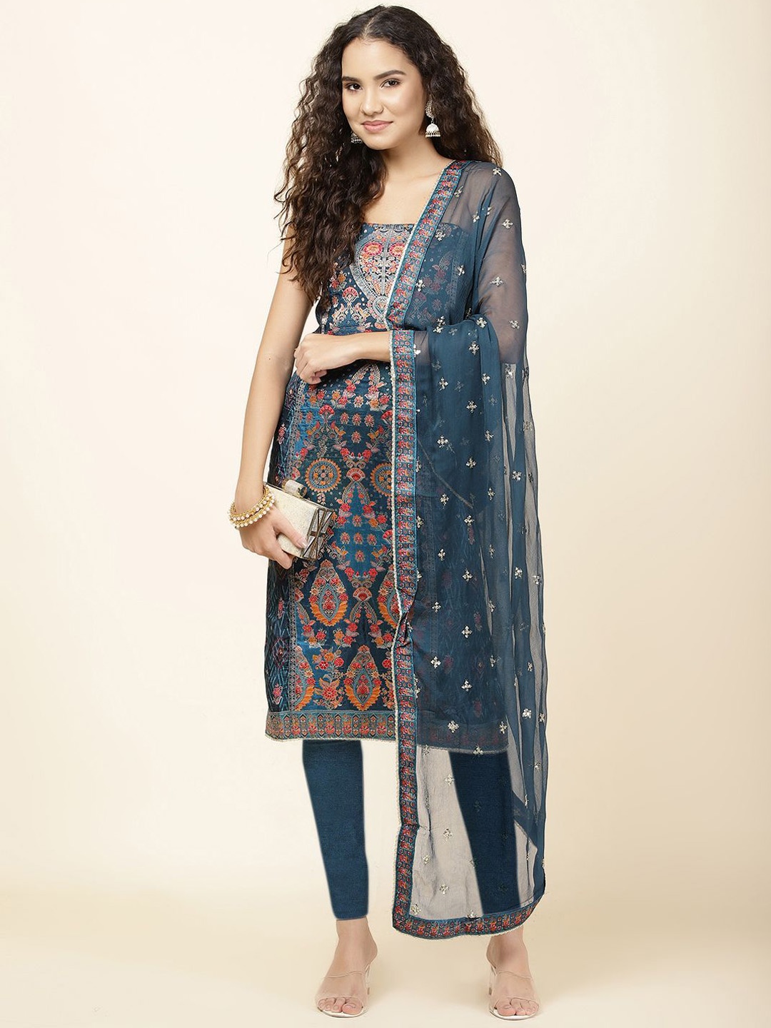 

Meena Bazaar Floral Woven Design Unstitched Dress Material, Navy blue