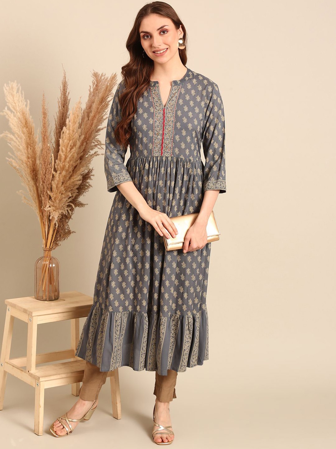 

Anouk Ethnic Motifs Printed Mandarin Collar A-Line Kurta, Grey