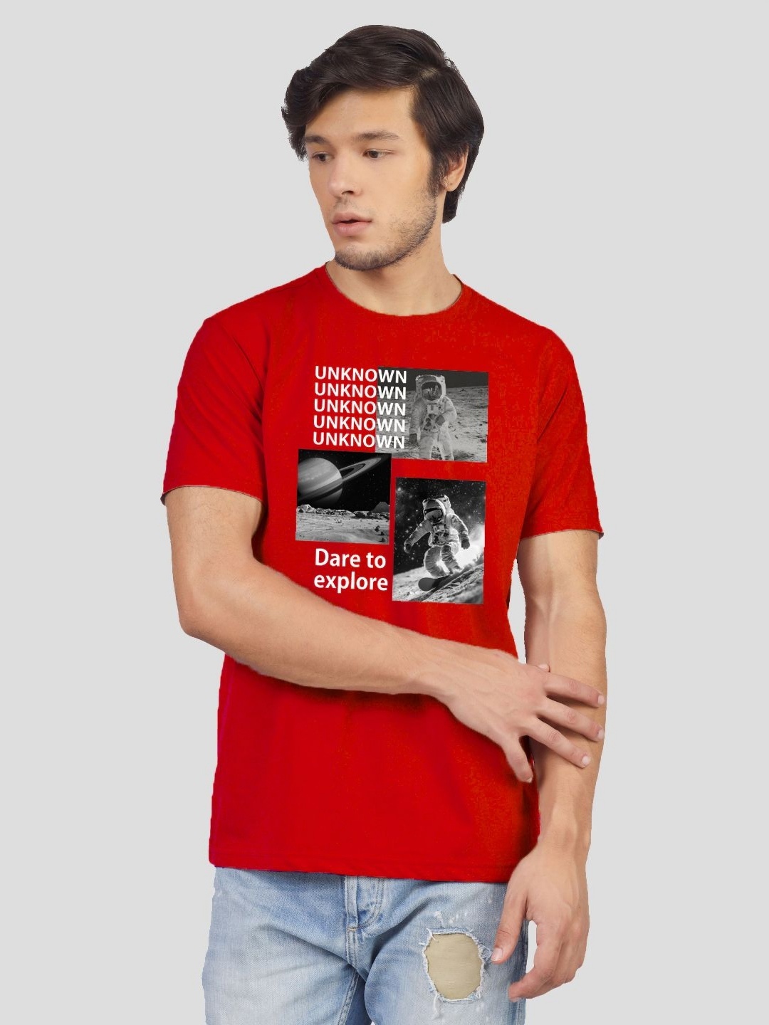 

Greylongg Men Graphic Printed Round Neck Cotton T-shirt, Red