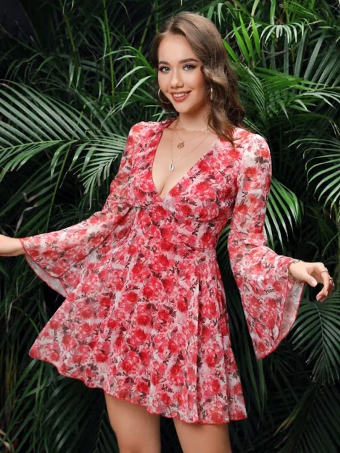 

StyleCast Floral Printed Flared Sleeve Fit and Flare Dress, Red