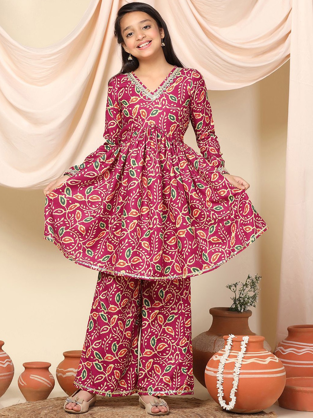 

BAESD Girls Ethnic Motifs Printed Regular Anarkali Kurta with Trousers, Pink