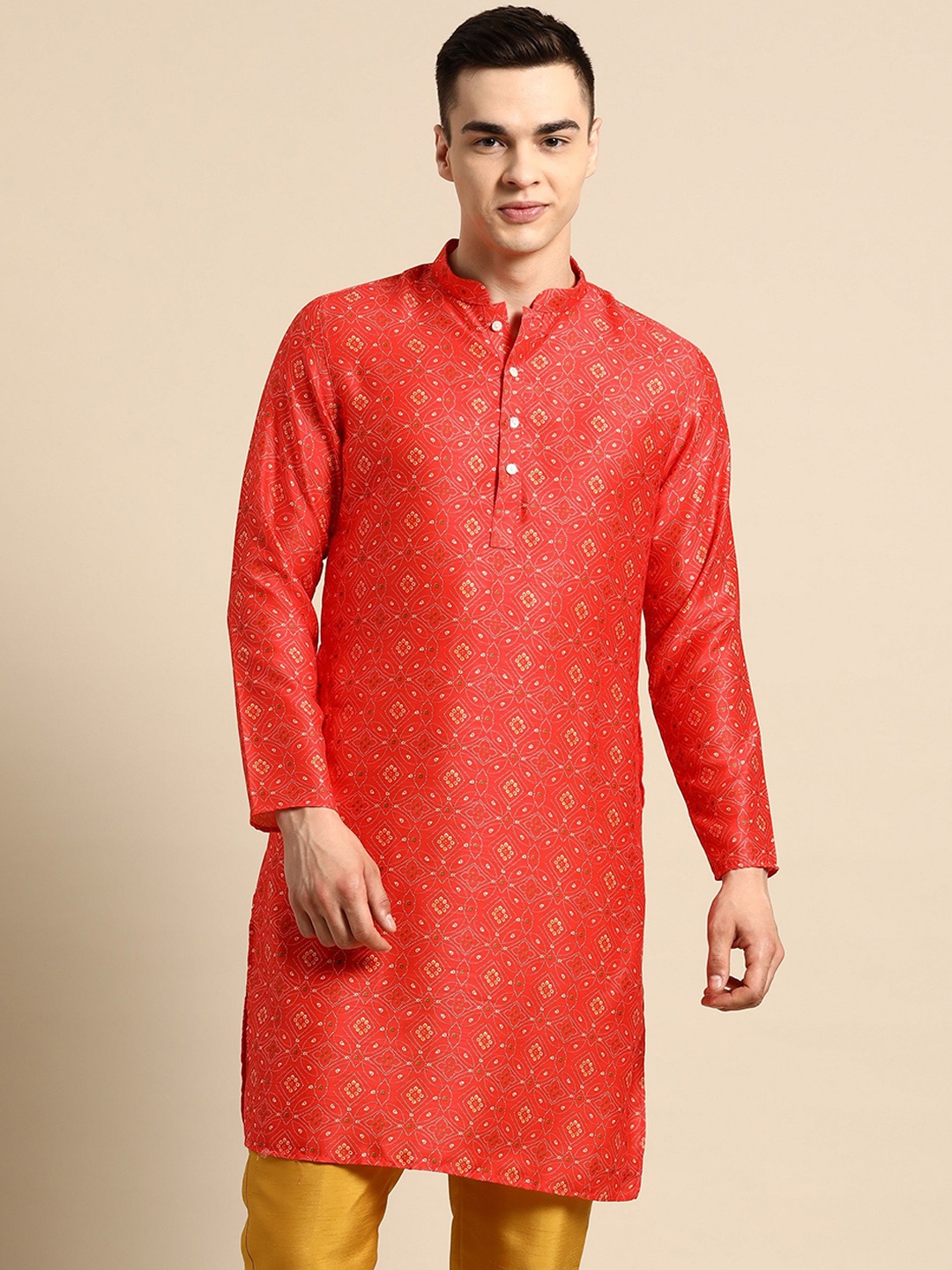 

Sayisha Floral Woven Design Mandarin Collar Straight Silk Kurta, Red