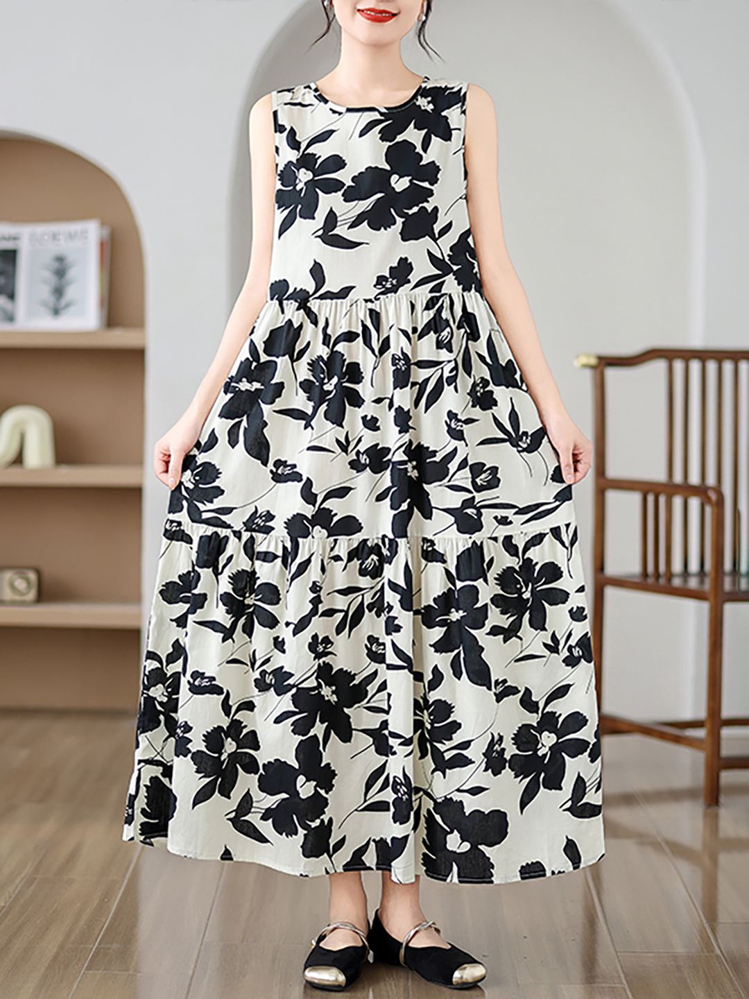 

JC Mode Floral Printed Sleeveless Fit & Flare Maxi Dress, Off white