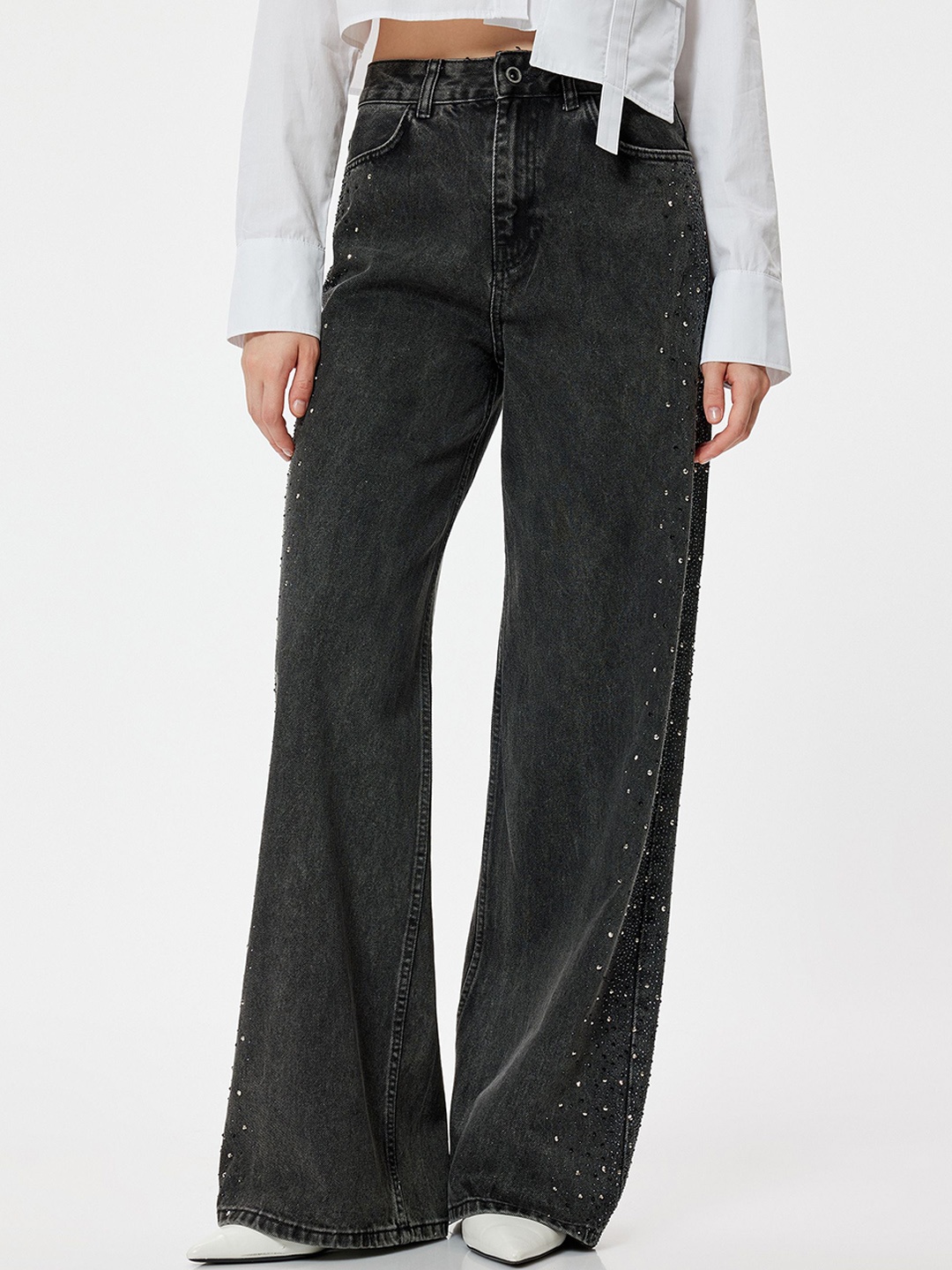 

Koton Women Printed High-Rise Bootcut Trousers, Black