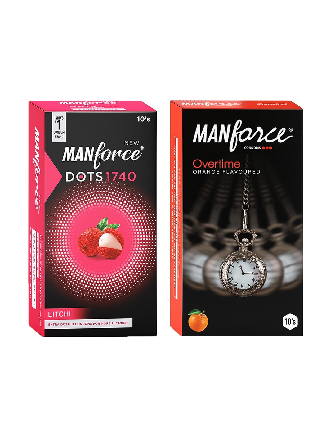 

Manforce Set Of 2 Overtime Orange & Litchi Flavored Condoms - 10 Each, Black