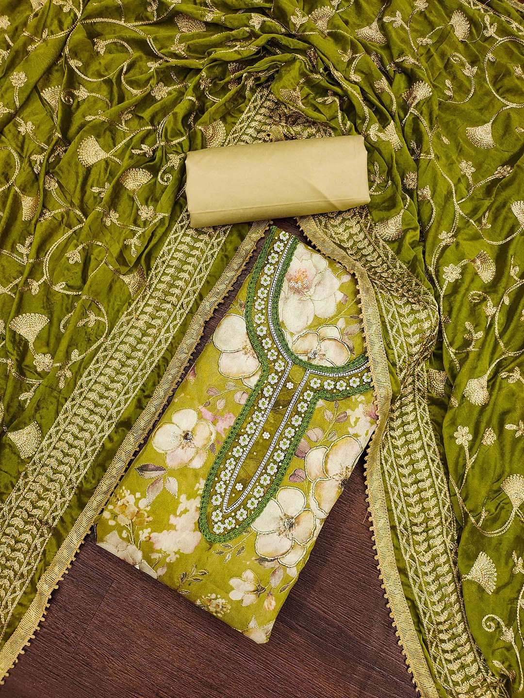 

MANVAA Beads & Stones Floral Embroidered Unstitched Dress Material, Green