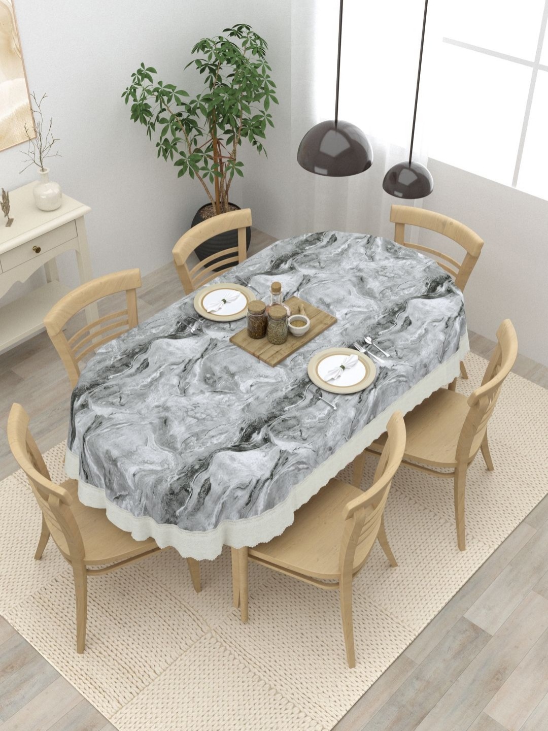 

Clasiko Grey & White Geometric Printed Anti Slip Oval 6 Seater Table Cover