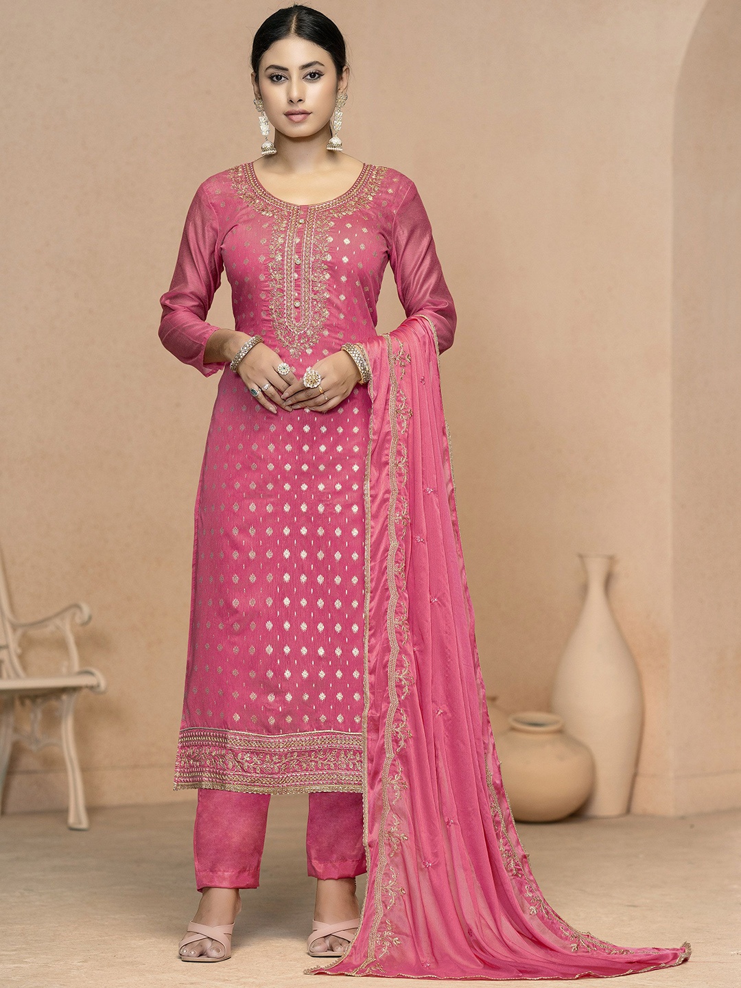 

MANVAA Floral Woven Design Sequinned Unstitched Dress Material, Pink