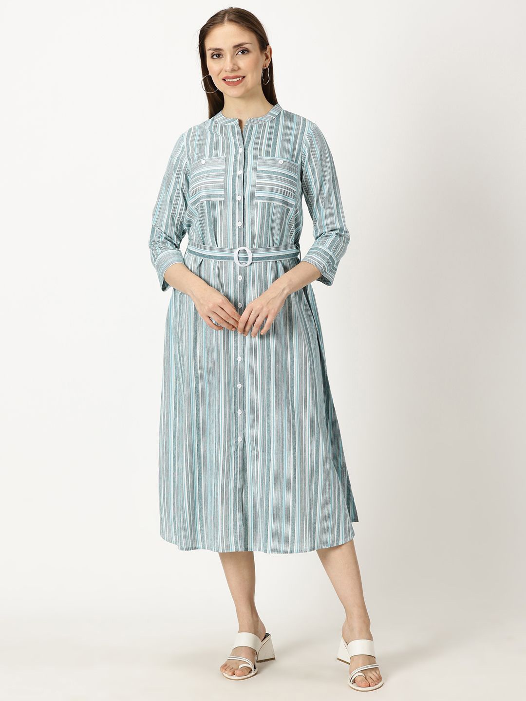 

Saffron Threads Striped Cotton Fit & Flare Midi Dress, Blue