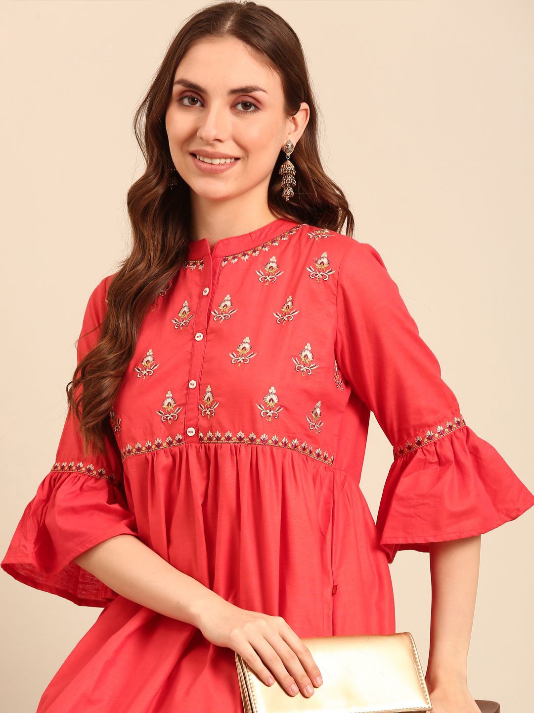 

Anouk Coral Floral Embroidered Mandarin Collar Bell Sleeves Pure Cotton A-Line Kurta