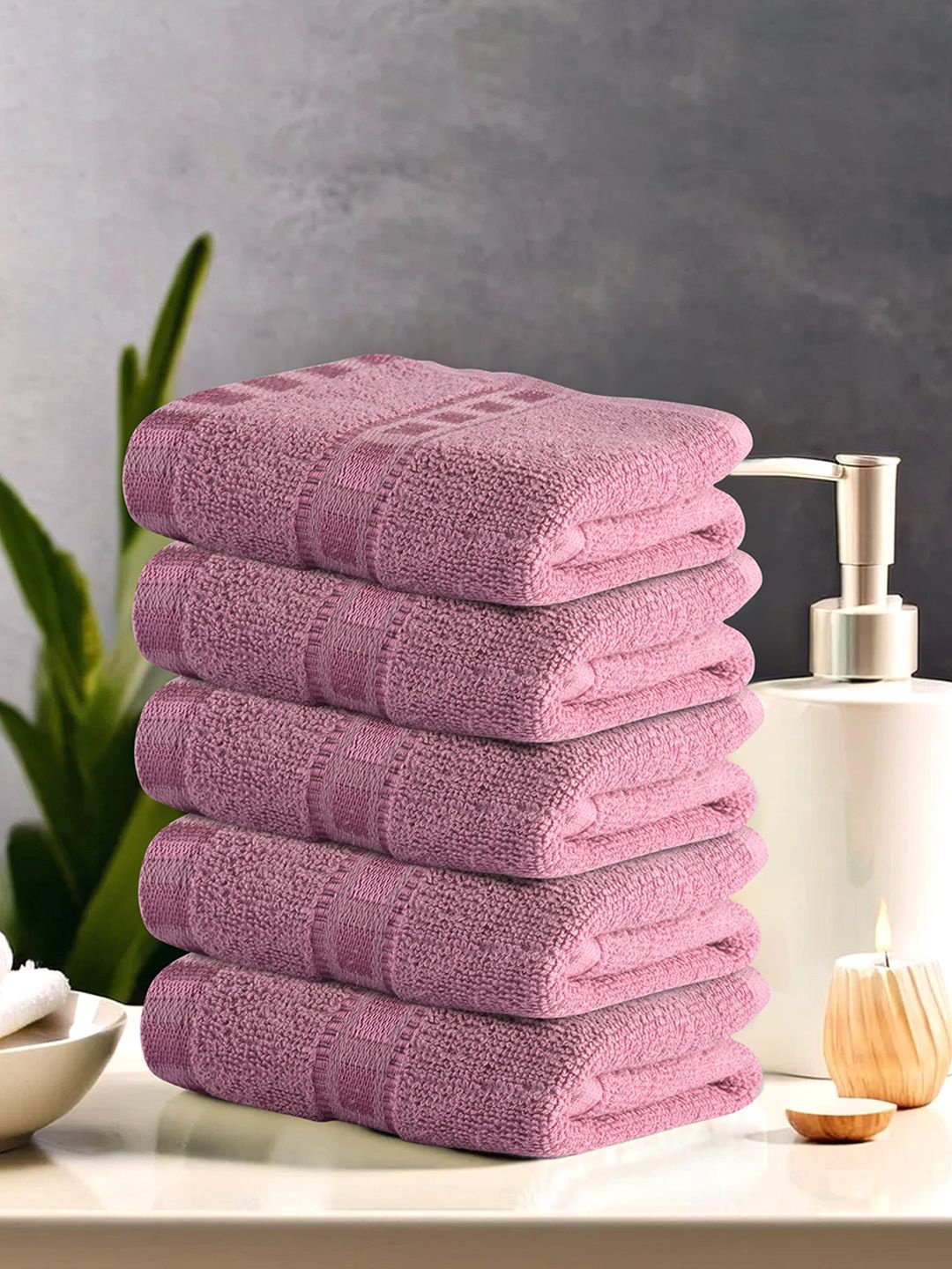 

Kuber Industries Pink 5 Pieces Striped Cotton Anti-Bacterial 225 GSM Face Towels