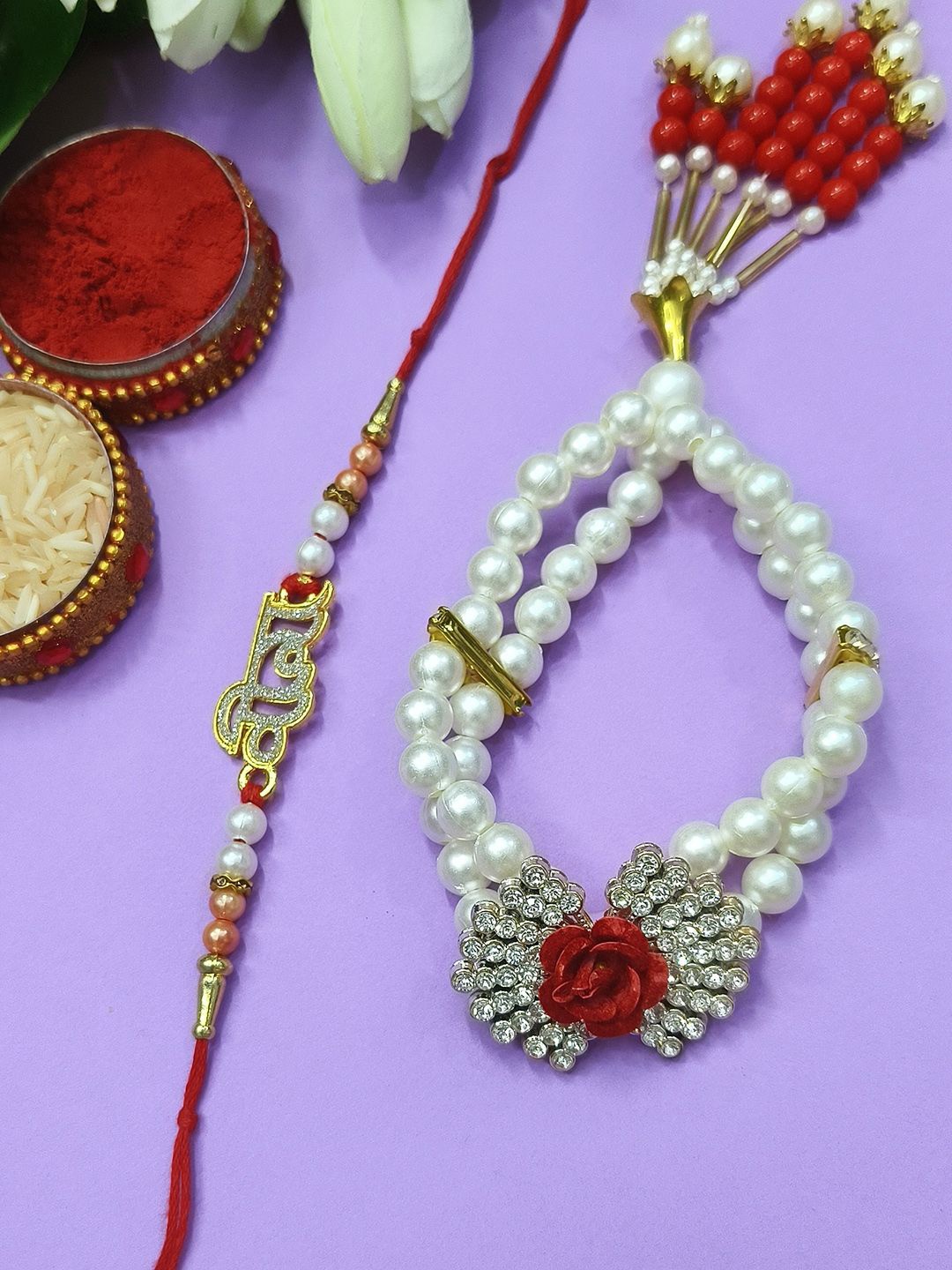 

StileAdda Beaded Bhaiya Bhabhi Rakhi With Roli Chawal, Gold
