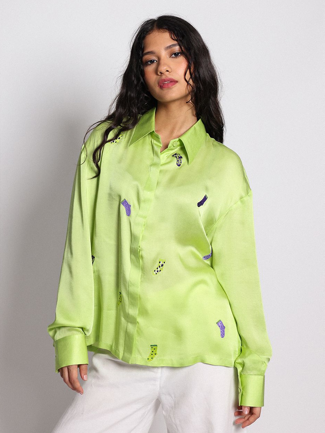 

Arya Giri Women Spread Collar Conversational Printed Relaxed Fit Casual Shirt, Lime green