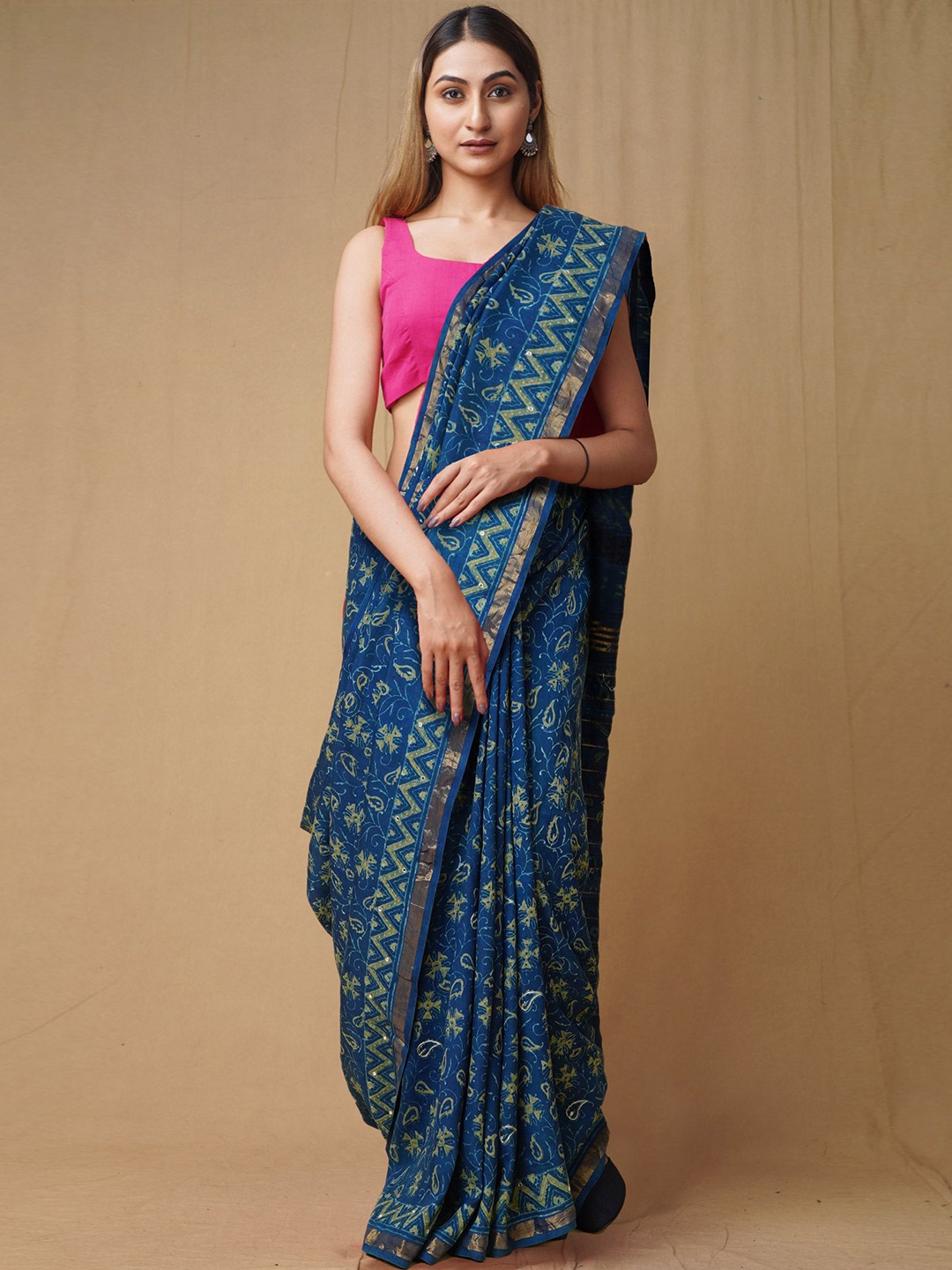 

Unnati Silks Ajrak Block Embroidered Handloom Chanderi Saree, Blue