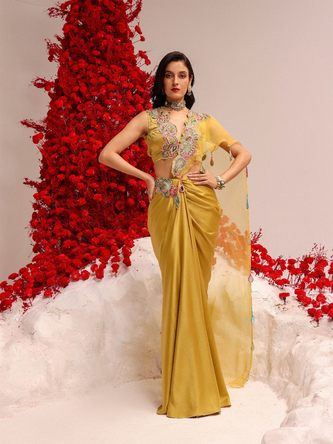 

MONI K LABEL Aari Work Satin Ready to Wear Saree, Yellow