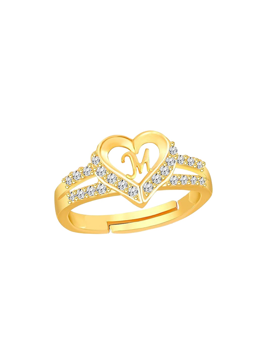 

Lila Gold Plated Cubic Zirconia Studded Heart Shaped Alphabet M Finger Ring