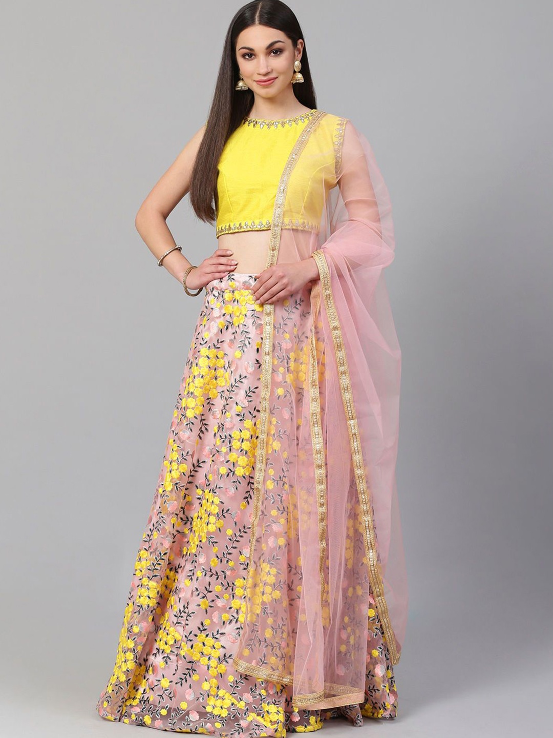 

FABPIXEL Embroidered Thread Work Semi-Stitched Lehenga & Unstitched Blouse With Dupatta, Pink