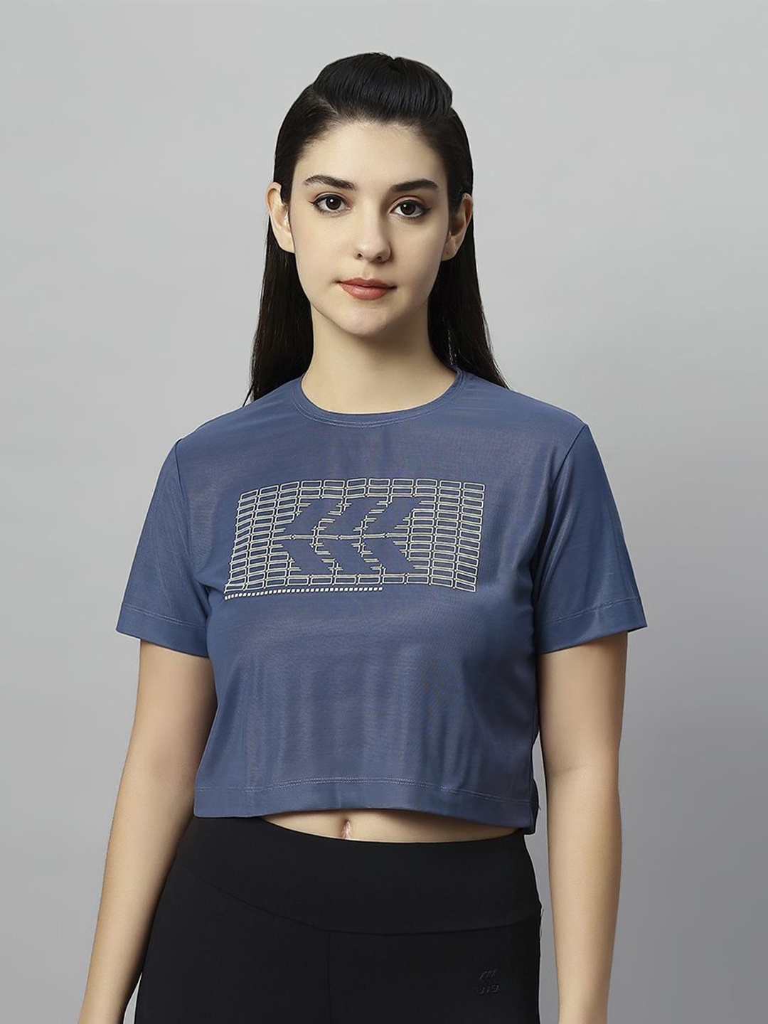 

LAASA SPORTS Women Abstract Printed Round Neck Nylon Top, Blue