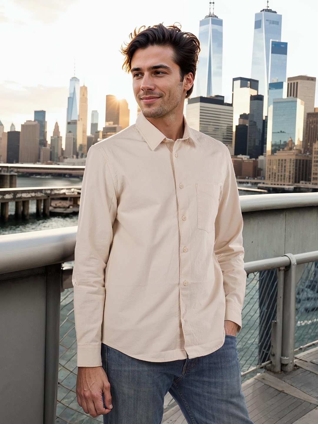 

Celio Men Classic Spread Collar Solid Cotton Casual Shirt, Beige