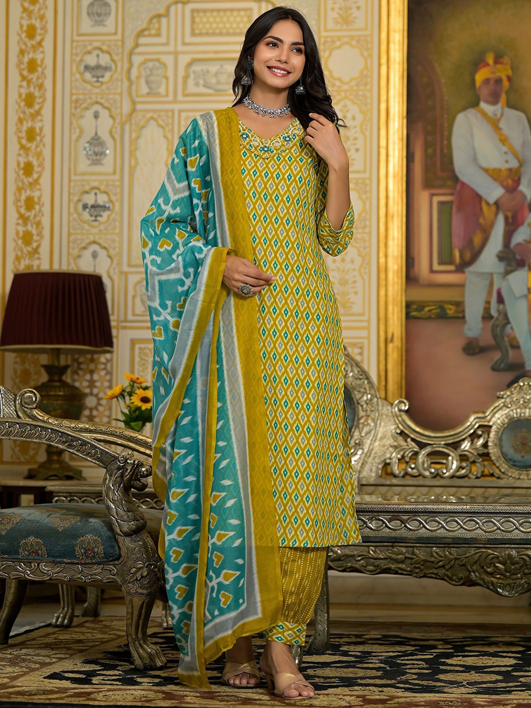 

KALINI Geometric Printed Thread Work Straight Kurta With Salwar & Duppatta, Green