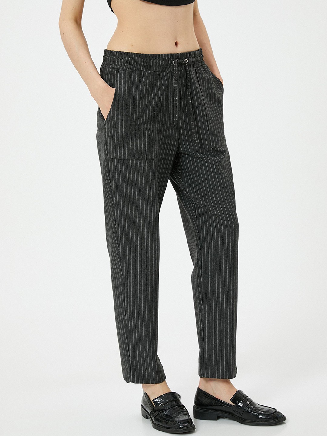 

Koton Women Striped Mid-Rise Formal Trousers, White