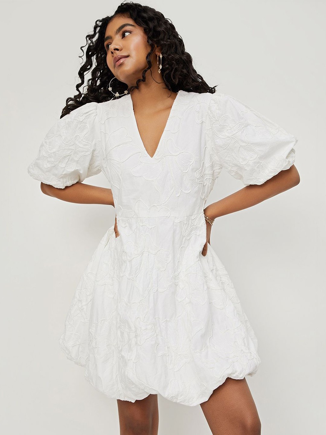 

max Cotton Puff Sleeves Fit & Flare Dress, Off white