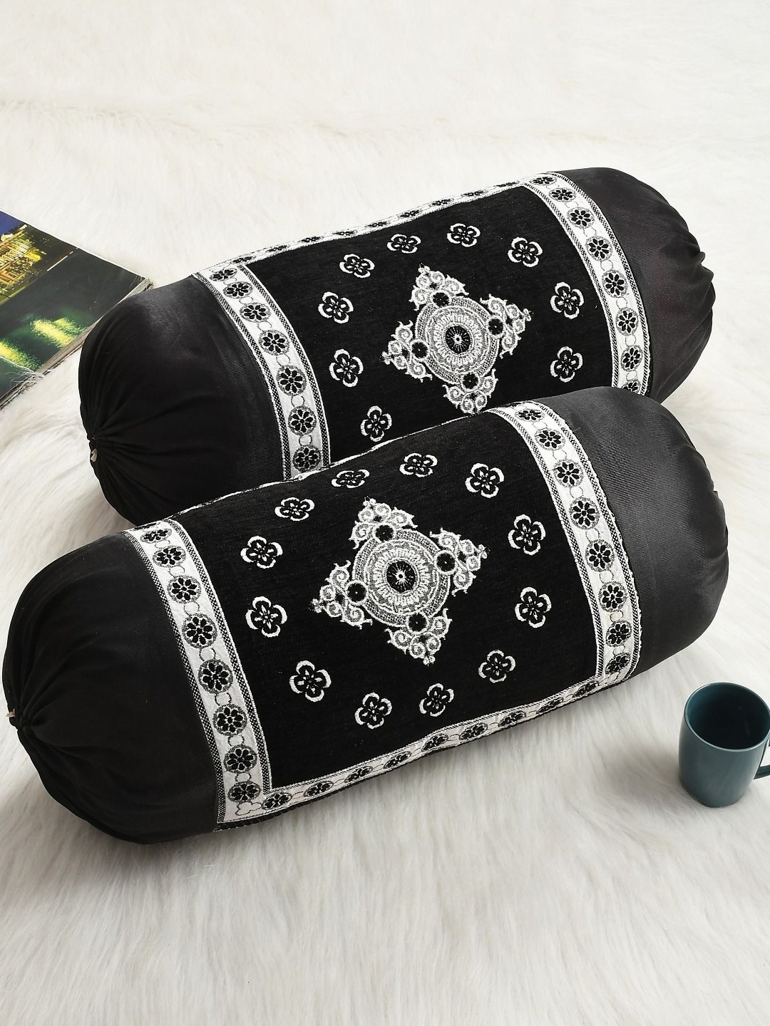 

hargunz Black & White 2 Pieces Self Design Chenille Velvet Bolster Covers