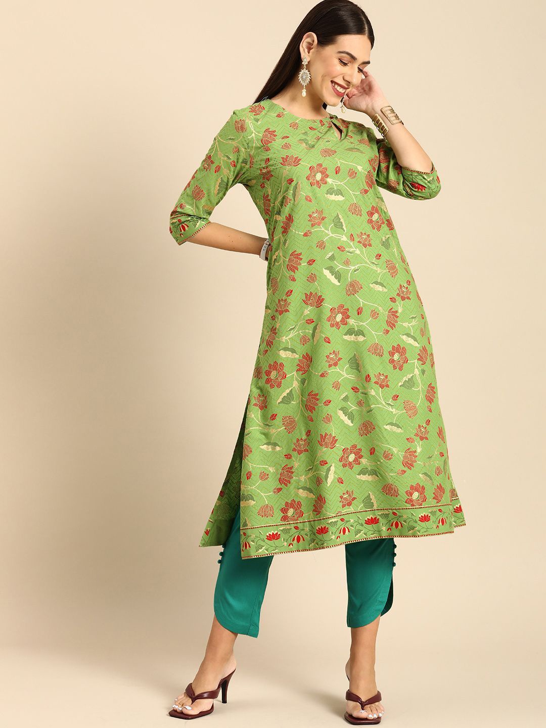 

Anouk Green Floral Printed Straight Kurta With Trouser