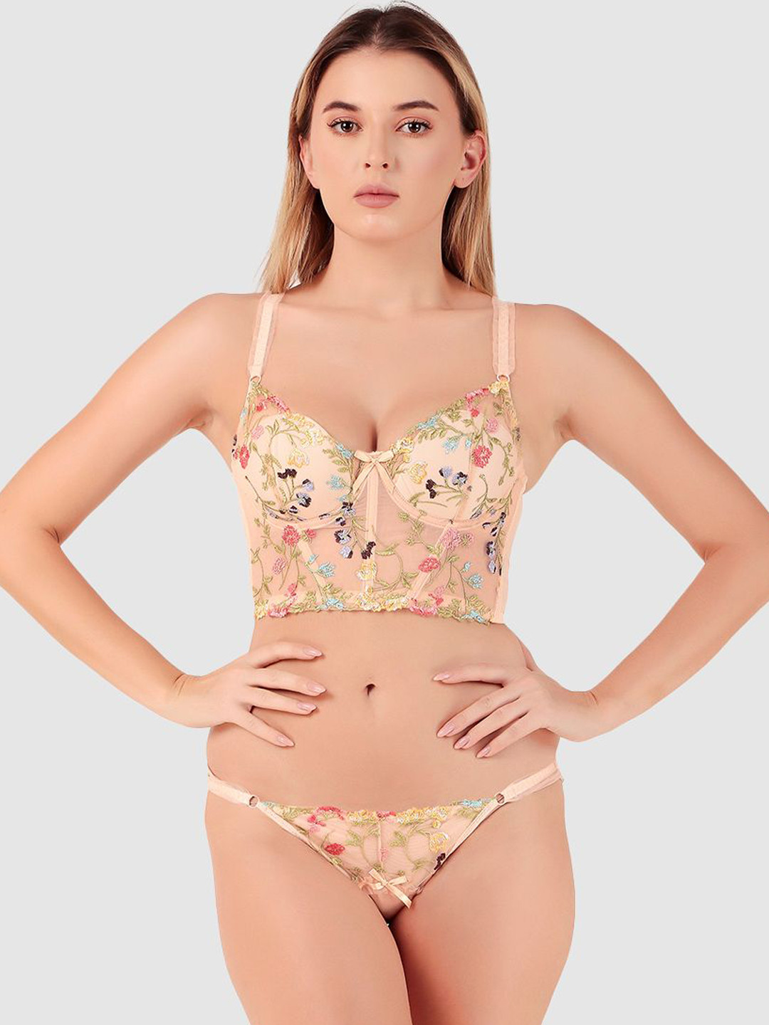 

Secret Lives Embroidered Lightly-Padded Lingerie Set, Nude