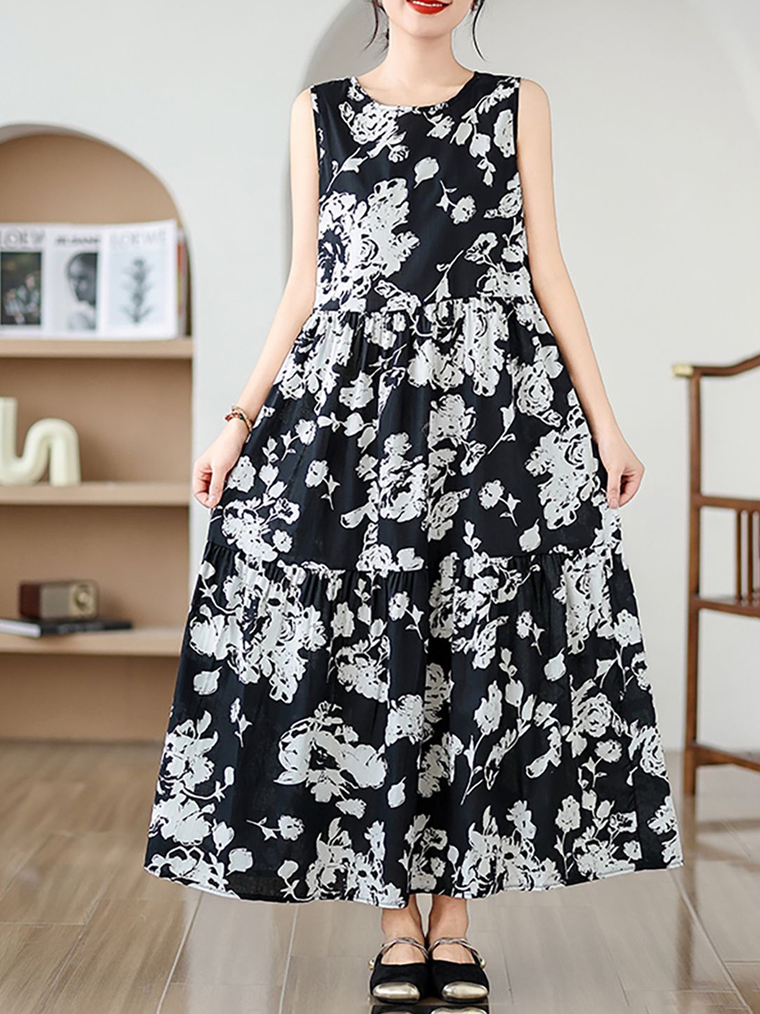 

JC Mode Floral Printed Fit & Flare Maxi Dress, Black