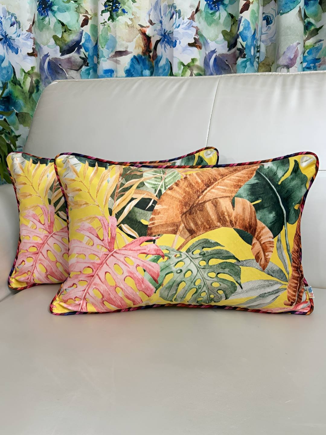 

TARA- Sparkling Homes Yellow & Pink Set of 2 Floral Velvet Rectangle Cushion Covers