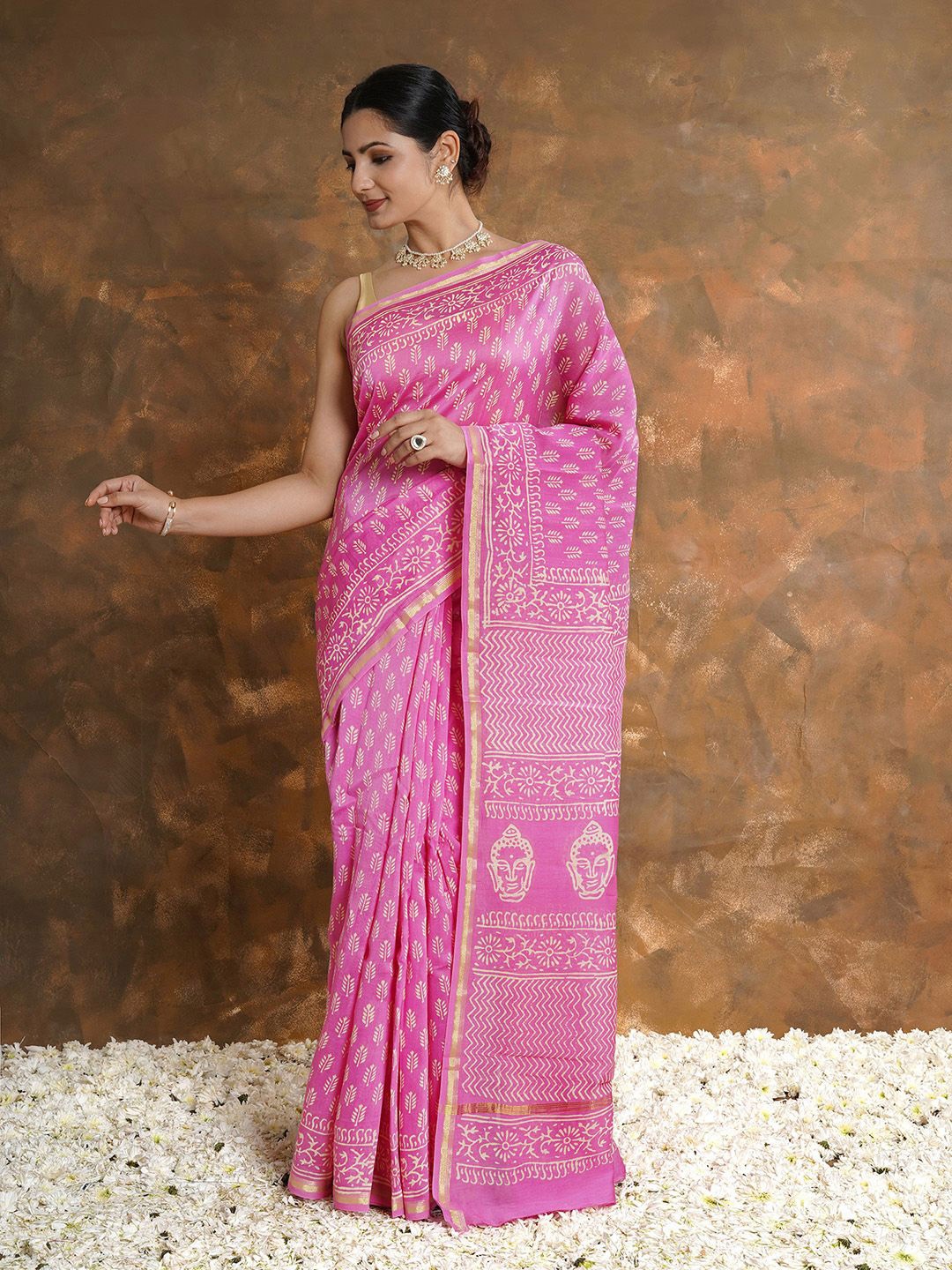 

TEEJH Ethnic Motifs Printed Zari Chanderi Saree, Pink