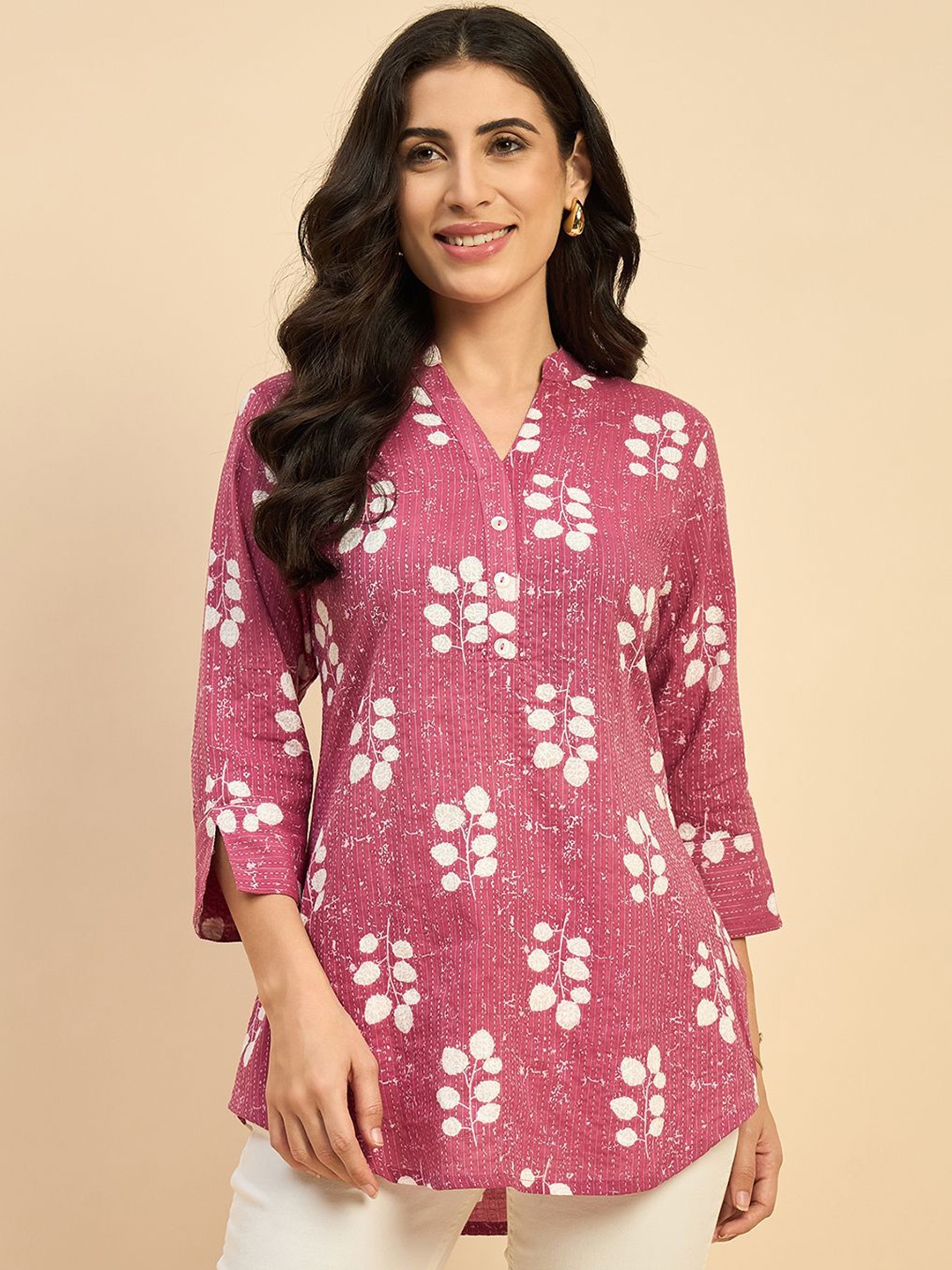 

Azira Women Floral Printed Mandarin Collar Cotton Top, Pink