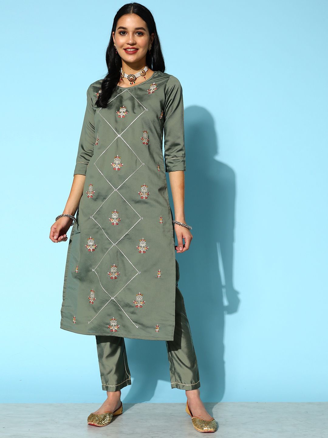 

Sangria Ethnic Motifs Embroidered Zari Sequence Straight Kurta Sets, Green