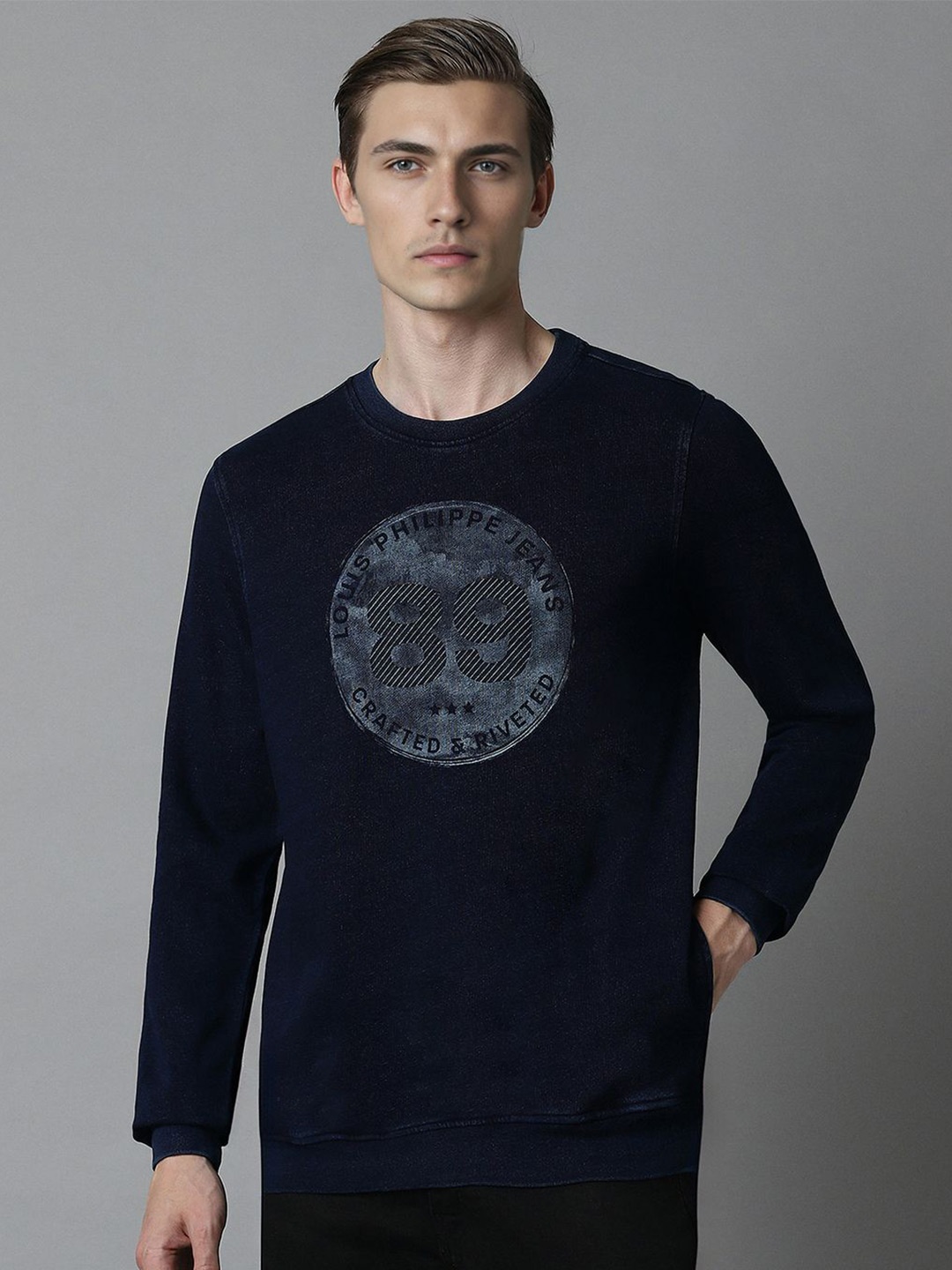 

Louis Philippe Jeans Men Typography Printed Pure Cotton Sweatshirt, Navy blue