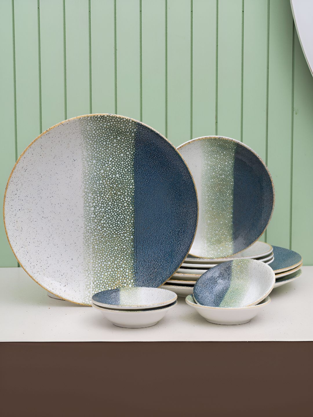 

JCPL 12-Pcs Green Textured Glossy Dinner Set, Multi