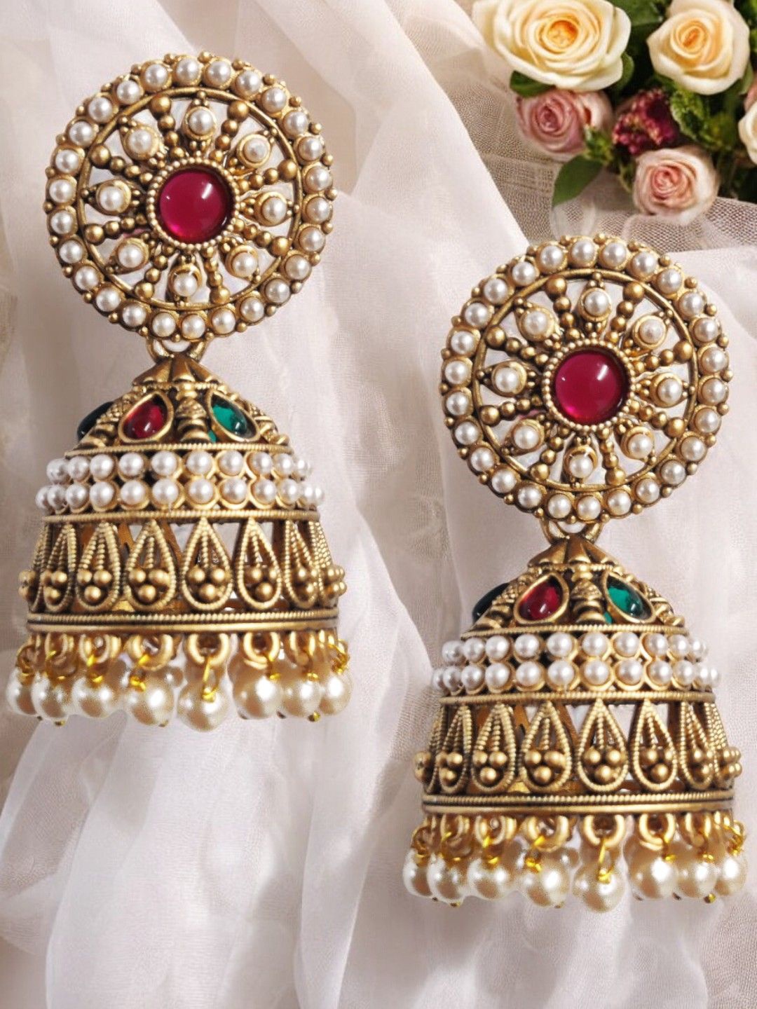

OOMPH Jadau Stone-Studded & Beaded Dome Shaped Jhumkas, Gold