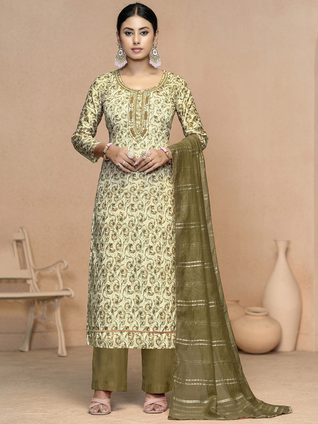 

MANVAA Floral Embellished Beads and Stones Unstitched Dress Material, Olive