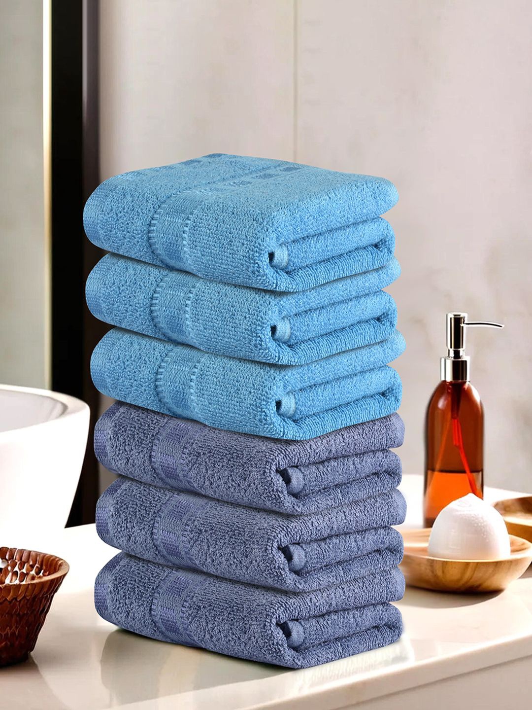 

Kuber Industries Blue & Grey 6 Pieces Self Design Cotton 225 GSM Face Towels
