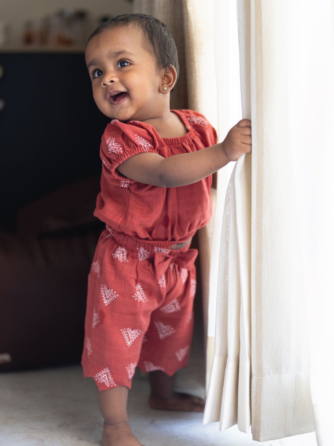 

A Toddler Thing Girls Printed Square Neck Organic Cotton Top with Shorts, Red