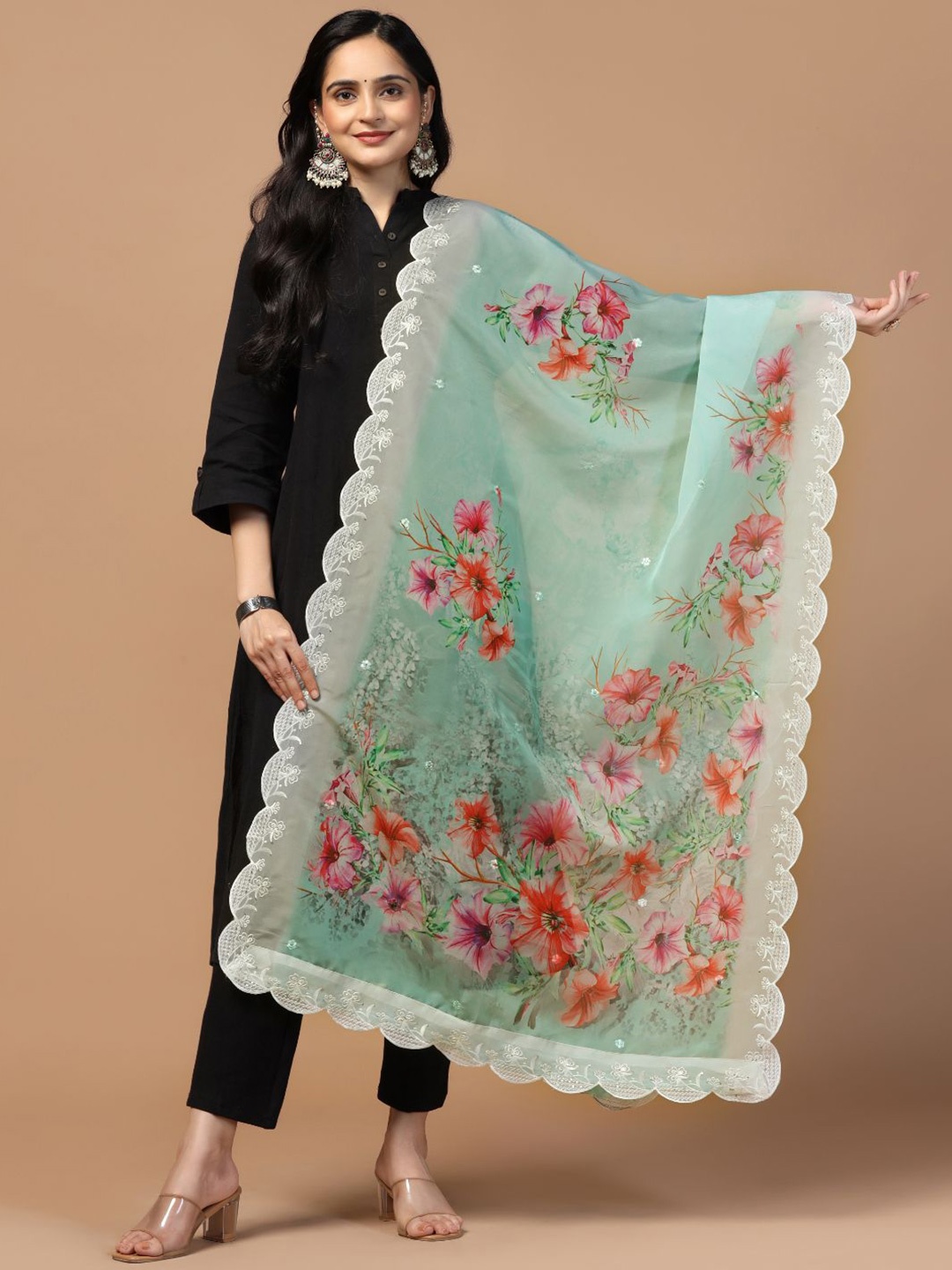 

Kaizen TEXO FAB Floral Printed Sequinned Organza Dupatta, Sea green