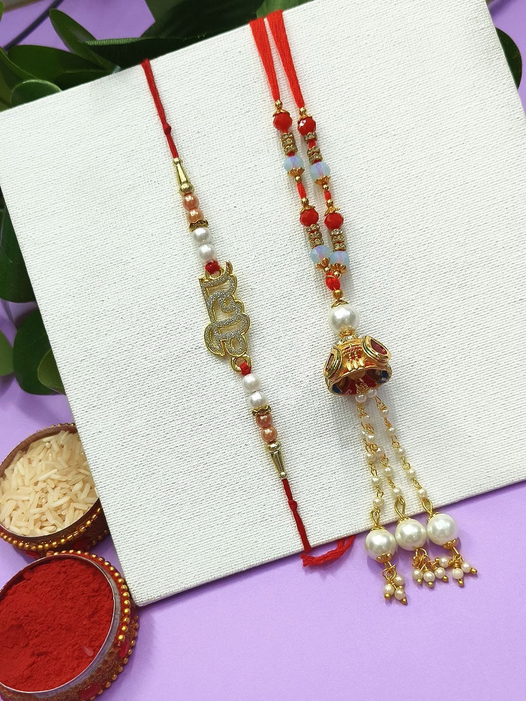 

StileAdda Bhaiya Bhabhi Stones Studded & Beaded Thread Rakhis With Roli Chawal, Red