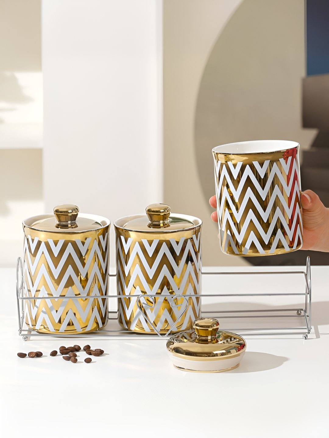 

UMAI 3 Pcs White & Gold Toned Round Printed Ceramic Container