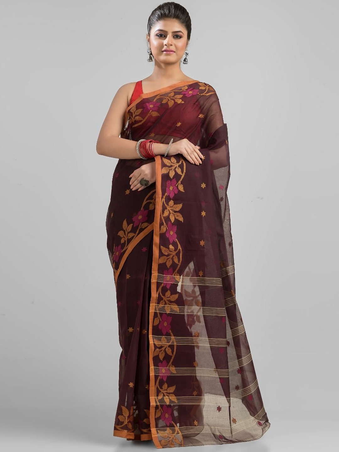 

Mitera Floral Pure Cotton Tant Saree, Coffee brown