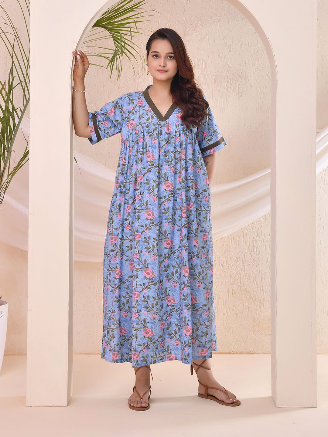 

THE SAFFRON SAGA Floral Print Pure Cotton Maxi Dress, Blue