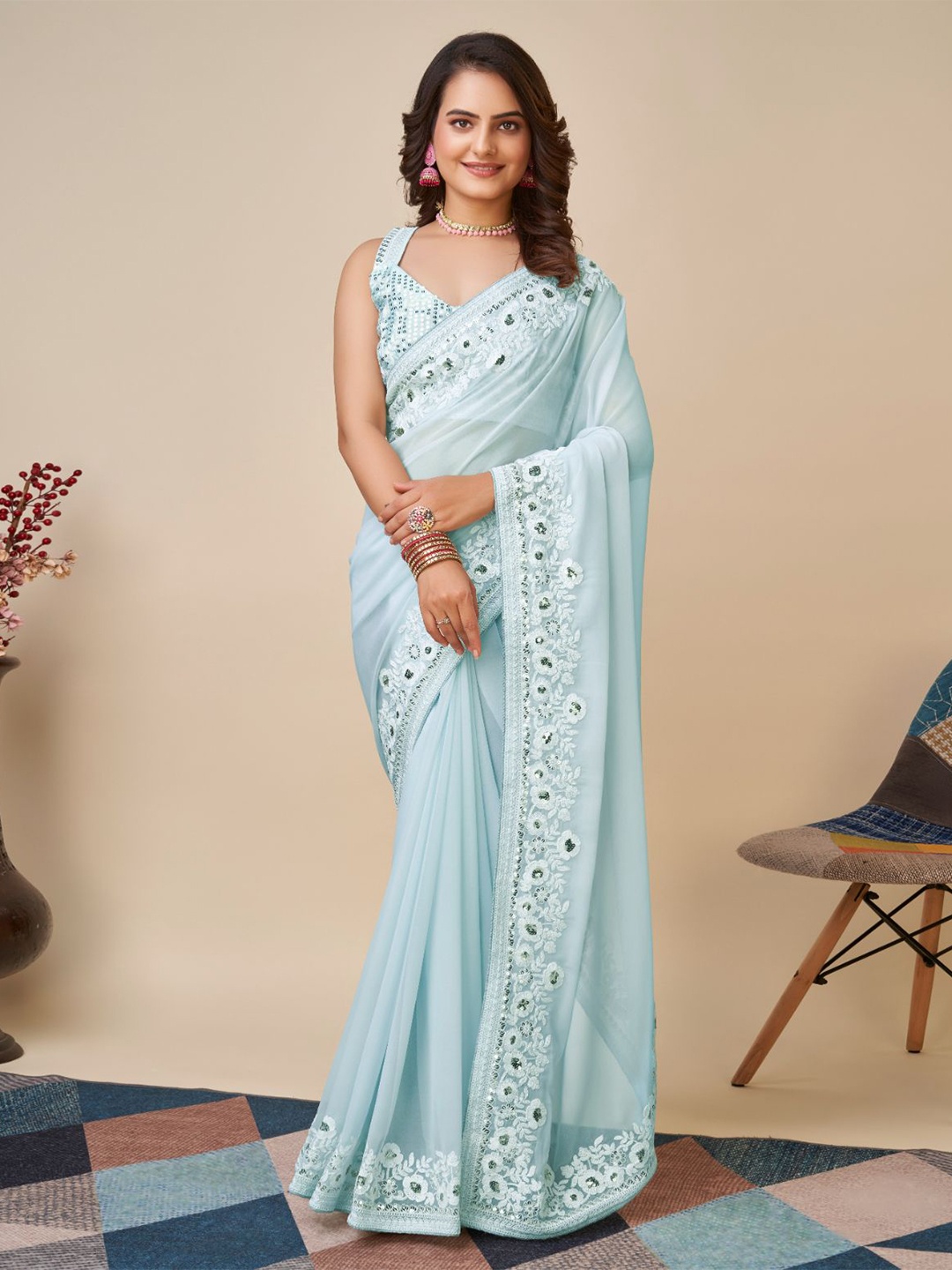 

VAIRAGEE Embroidered Ready to Wear Saree, Turquoise blue