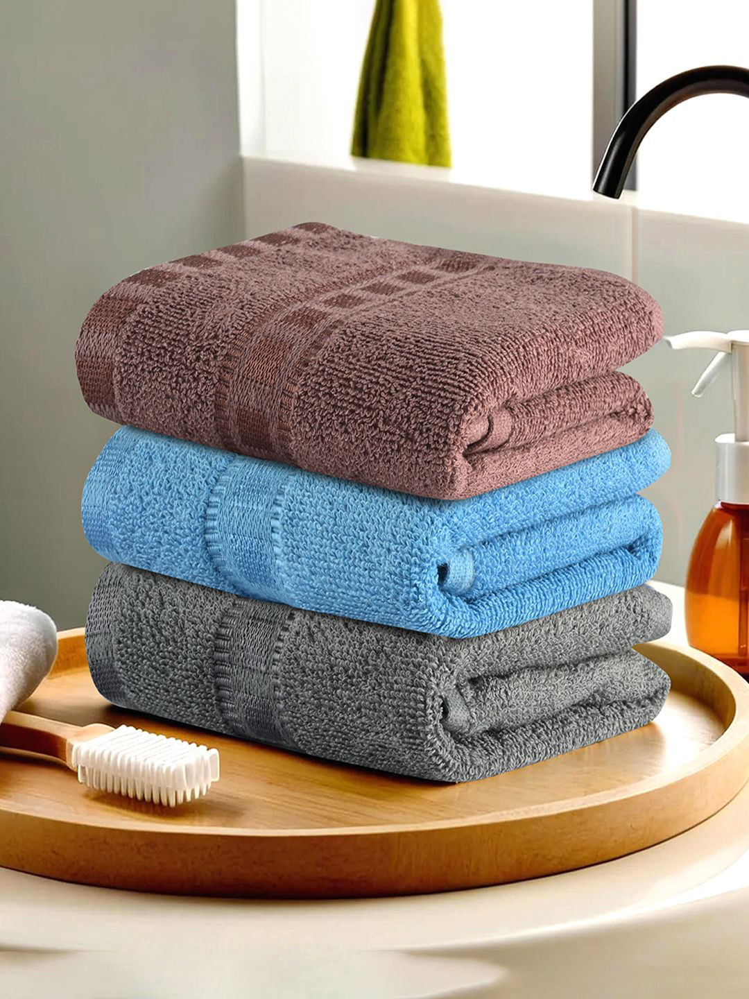 

Kuber Industries Blue & Grey 3 Pieces Self Design Cotton Reversible 225 GSM Face Towels