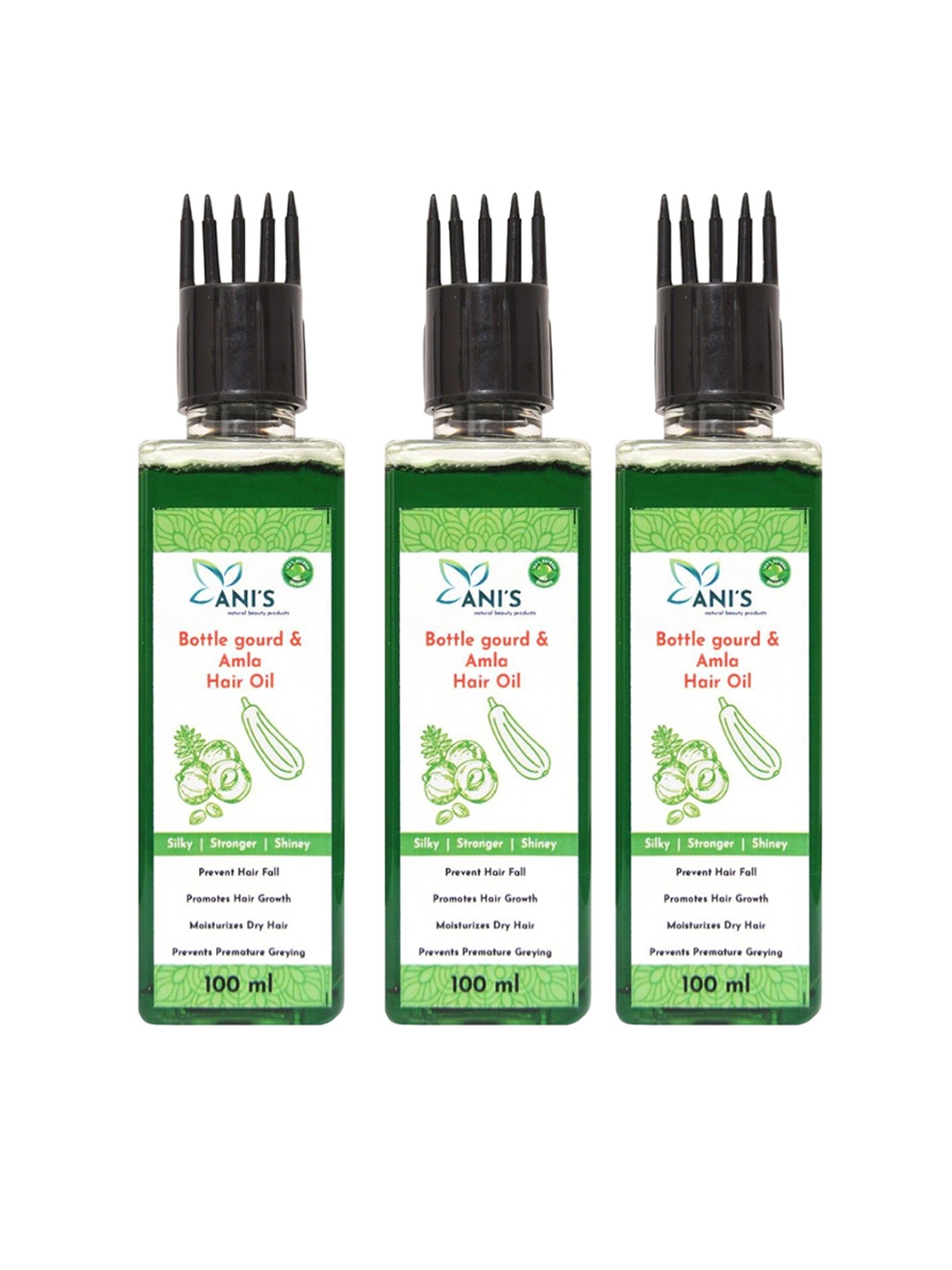 

ANI'S Set Of 3 Bottle Gourd & Amla Hair Oil For Strong & Silky Hairs - 100ml Each, Green